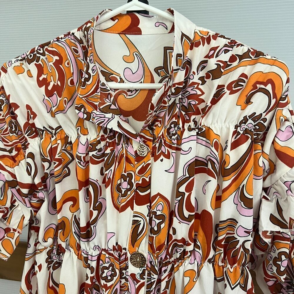 Boho Paisley Floral Ruffle Sleeve Empire Waist Mini Dress Orange Brown White S * - Picture 5 of 13